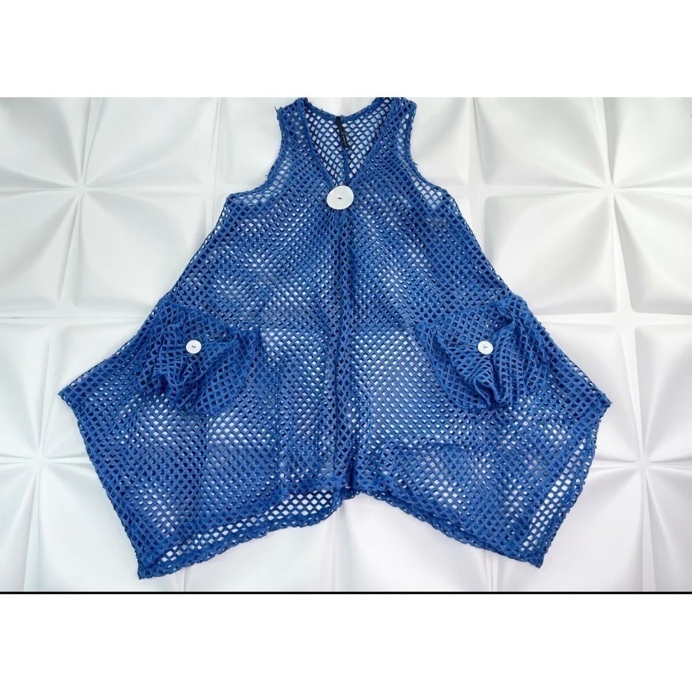 IC by Connie K Women Sz L Blue Mesh Sheer Tunic Top Vest Asymmetrical Lagenlook